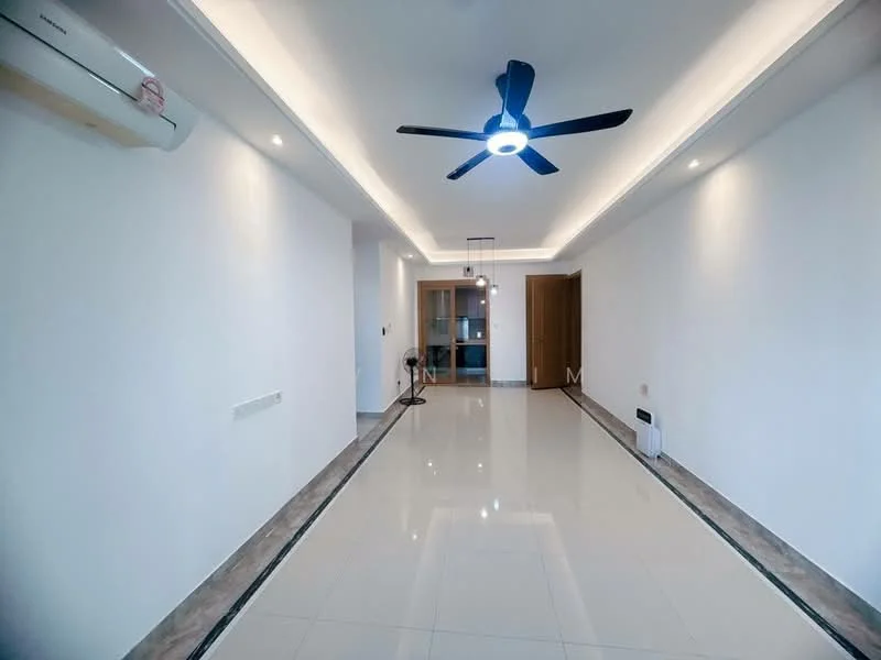 Living features: white painted walls, glossy ceramic tile flooring, recessed LED downlights, 5-blade ceiling fan with light, sliding glass door, window with view, air conditioning unit, decorative wall trim; style: modern.