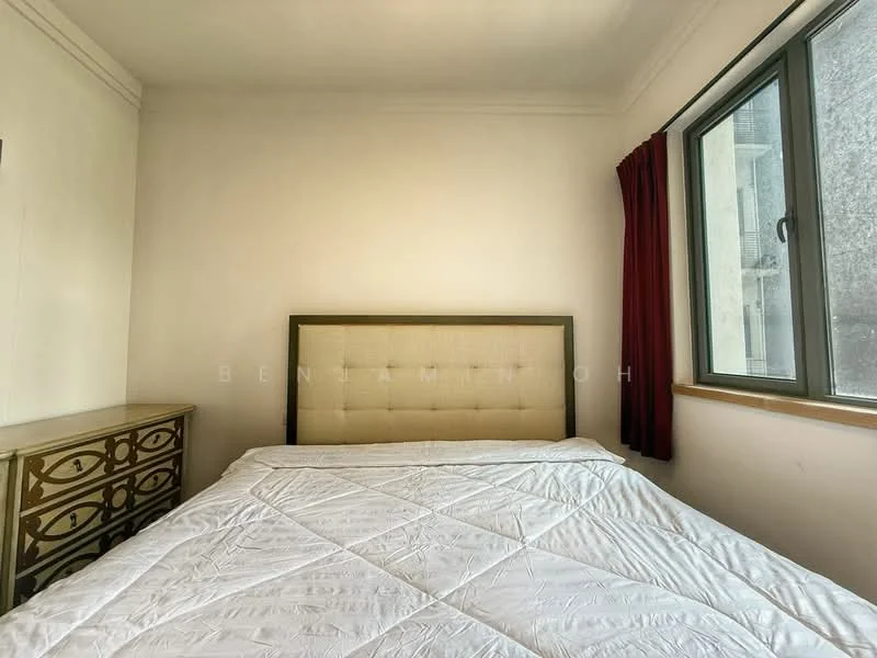 Bedroom features: queen-size bed with upholstered headboard, white bedding, wooden bedside table, floor-to-ceiling window, red curtains, light-colored walls, wooden window frame, carpeted flooring; style: modern.