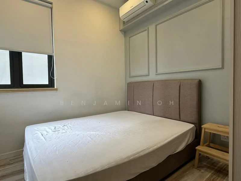 Bedroom features: queen-size bed, upholstered headboard, wooden bedside table, wall-mounted air conditioning unit, white painted walls, wood-look laminate flooring, window with blackout roller blinds, decorative wall paneling; style: modern.