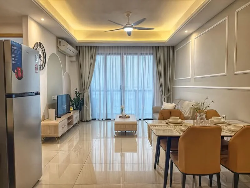 Living features: sofa in beige fabric, coffee table, TV console, wall-mounted TV, area rug, 5-blade ceiling fan with light, recessed downlights, floor-to-ceiling windows, curtains in light grey, cream painted walls with crown moulding, glossy tile flooring, decorative plant in corner; style: modern; view: city. Dining features: 6-seater dining table, upholstered dining chairs in mustard, table setting with plates and cutlery, decorative vase on table; style: modern; view: city.