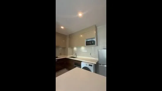 Kitchen features: white quartz countertop, built-in microwave, stainless-steel fridge, white washing machine, wood cabinetry, ceramic tile backsplash, recessed LED downlights, single-bowl stainless-steel sink, chrome pull-down faucet, induction cooktop; style: modern.
