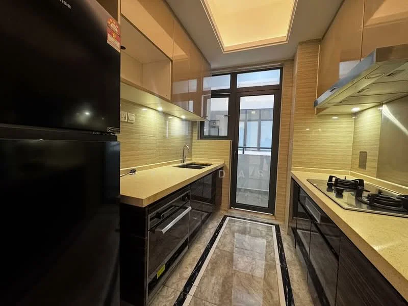 Kitchen features: black refrigerator, single-bowl stainless-steel sink, chrome pull-down faucet, granite countertop, black cabinetry, built-in oven, gas hob with 4 burners, tile backsplash, recessed downlights, marble tile flooring, floor-to-ceiling windows, sliding glass door; style: modern.