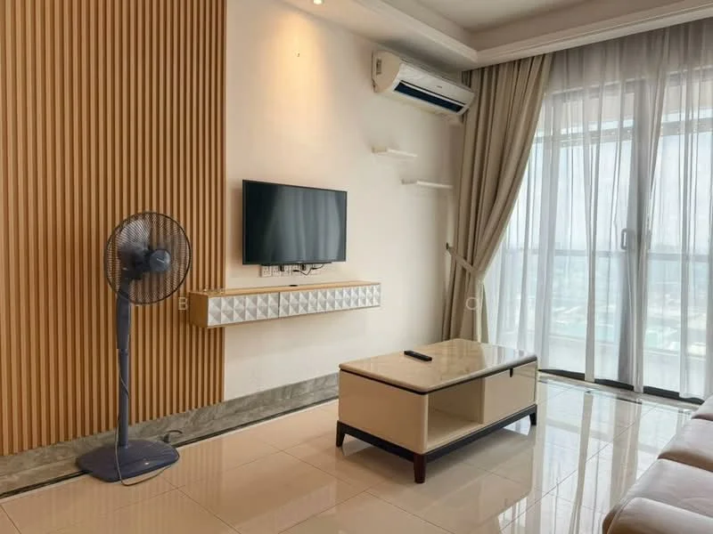 Living features: cream painted walls, wood panel accent wall, glossy tile flooring, floor-to-ceiling windows, sheer curtains, wall-mounted TV, TV console, coffee table with marble top, ceiling-mounted air conditioning unit, standing fan; style: modern; view: city.