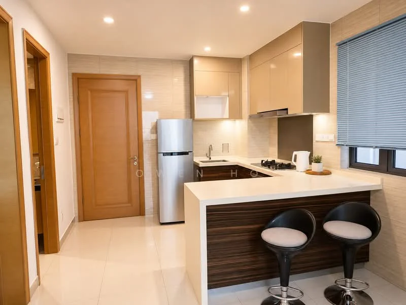 Kitchen features: white quartz countertop, brown wooden cabinetry, stainless-steel fridge, built-in oven, 4-burner gas hob, white backsplash, single-bowl stainless-steel sink, chrome pull-down faucet, pendant lighting, bar seating with two black stools, cream painted walls, tile flooring, window with blinds; style: modern.