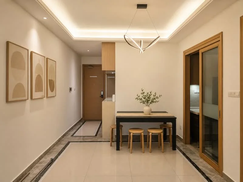 Room features: white painted walls, recessed ceiling lights, modern pendant light fixture, tile flooring, wooden door, glass sliding door, small dining table, three wooden stools, decorative wall art, black accent table, neutral color palette, marble trim along the floor; style: modern.