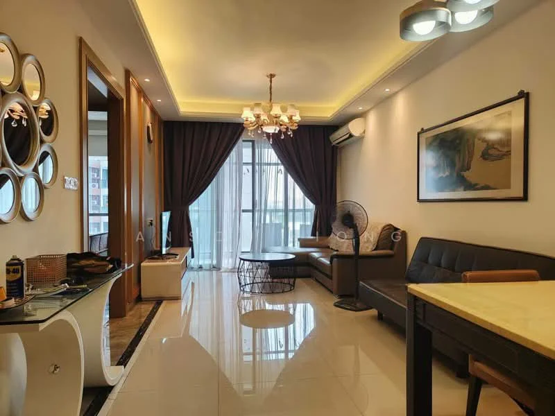 Living features: cream painted walls, white ceiling with recessed lighting, chandelier, 5-blade ceiling fan, floor-to-ceiling windows, dark leather sofa, coffee table, TV console, decorative wall mirrors, area rug, curtains, air conditioning unit; style: modern; view: city.