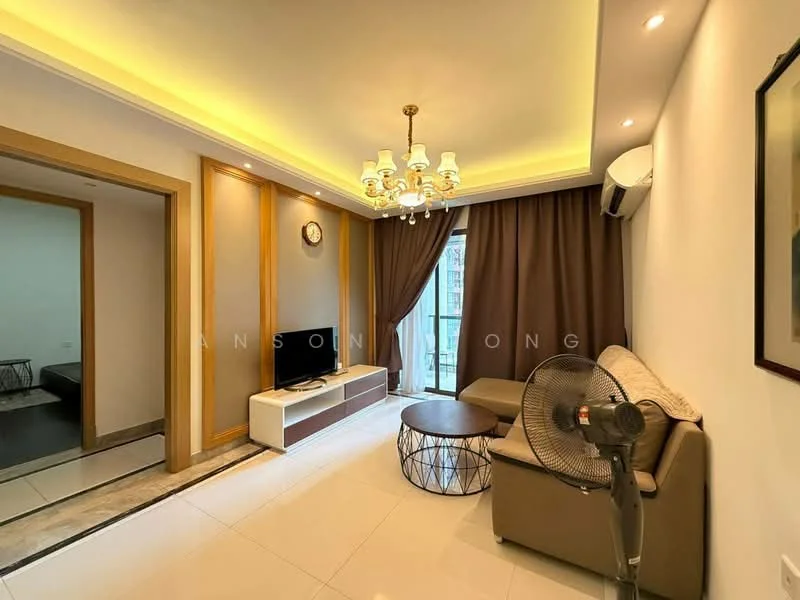 Living features: cream painted walls, white ceiling with recessed lighting, 5-blade ceiling fan with light, chandelier, floor-to-ceiling windows, dark brown curtains, light-colored sofa, round coffee table, TV console with TV, wall-mounted TV, decorative wall clock, air conditioning unit; style: modern; view: city.