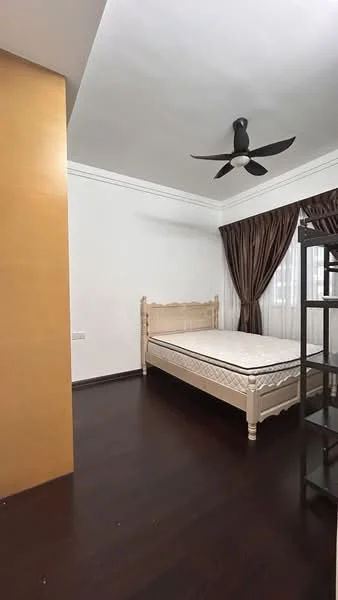 Bedroom features: wooden flooring, white painted walls, tray ceiling, 5-blade ceiling fan, floor-to-ceiling windows with sheer curtains, single bed frame, built-in wardrobe, dark brown curtains, open shelving unit; style: modern.