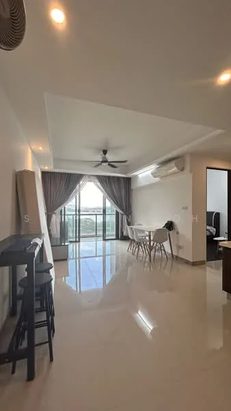 Living features: 5-blade ceiling fan with light, floor-to-ceiling windows, sliding glass door, grey curtains, polished tile flooring, white painted walls, recessed downlights, dining table with white chairs, black bar stools, air conditioning unit; style: modern; view: city.