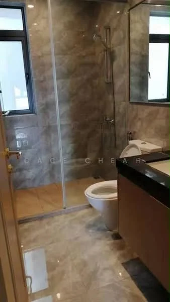 Bathroom features: marble tile flooring, grey marble wall tiles, glass shower enclosure, rain shower head, handheld shower, single-sink vanity with wood cabinet, framed mirror, one-piece toilet, chrome basin mixer, window for natural light; style: modern.
