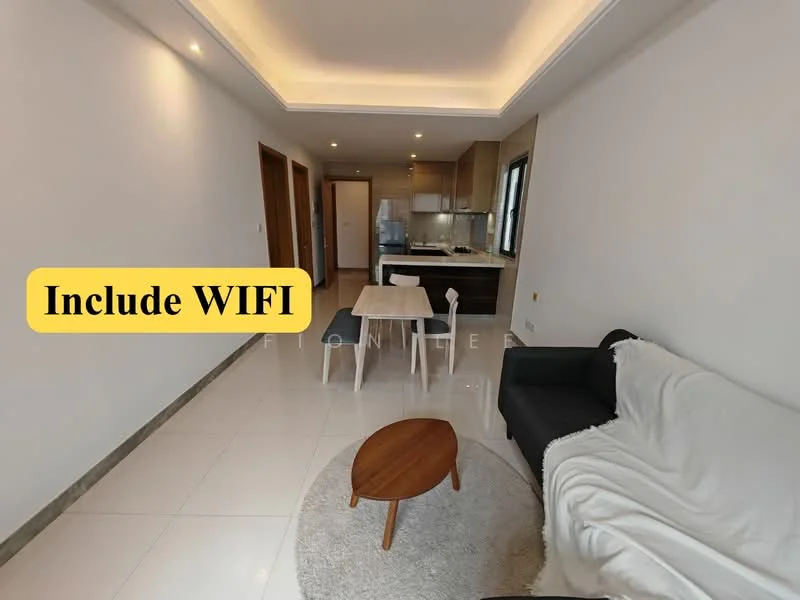 Living features: white painted walls, recessed ceiling with LED lighting, white tiled flooring, 3-seater black fabric sofa, round wooden coffee table, area rug with circular pattern, dining table with 4 chairs, floor-to-ceiling windows, kitchenette with dark cabinetry, stainless-steel sink, built-in oven, microwave, refrigerator, visible WiFi router; style: modern.