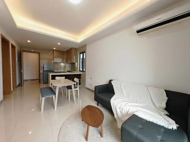 Living features: grey fabric sofa, white throw blanket on sofa, round wooden coffee table, 4-seater dining table, white dining chairs, recessed ceiling lights, wall-mounted split AC, glossy tile flooring, neutral painted walls, large window with natural light; style: modern.