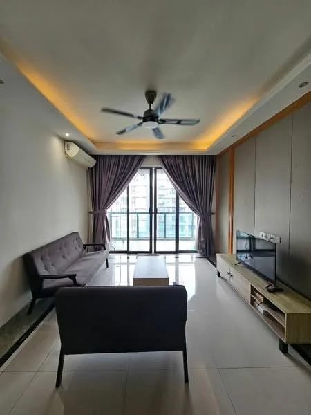 Living features: 5-blade ceiling fan with light, sofa in grey fabric, coffee table, TV console, wall-mounted TV, floor-to-ceiling windows, curtains in grey, recessed LED downlights, cream painted walls, polished tile flooring; style: modern; view: city.