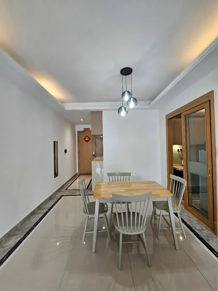 Dining features: dining table with wooden top, 4 wooden dining chairs, white painted walls, recessed ceiling lights, pendant light fixture with multiple bulbs, marble tile flooring, crown moulding, sliding glass door, wooden door frame, decorative wall paneling; style: modern. Hallway features: white painted walls, marble tile flooring, recessed ceiling lights, crown moulding; style: modern.