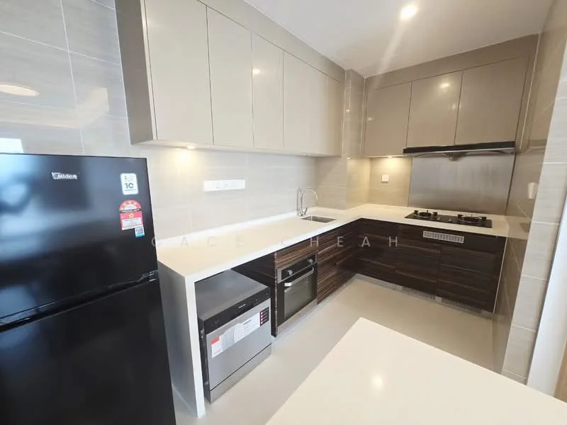 Kitchen features: white quartz countertop, dark wood cabinetry, stainless-steel sink, chrome pull-down faucet, built-in oven, 4-burner gas hob, stainless-steel range hood, black fridge, microwave, ceramic tile backsplash, recessed downlights, light grey wall tiles, light grey floor tiles; style: modern.