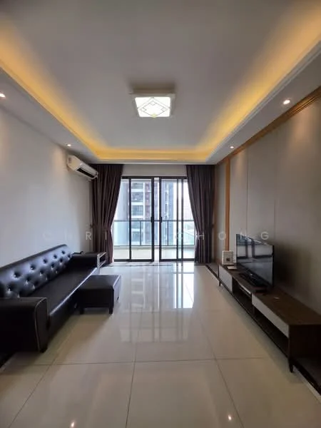 Living features: black leather sofa, white wall, cream ceiling with recessed lighting, large sliding glass door, floor-to-ceiling windows, light-colored tile flooring, wooden TV console, wall-mounted TV, curtains, air conditioning unit; style: modern; view: city.