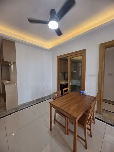 Dining features: wood dining table, 4 wooden dining chairs, ceiling fan with light, recessed lighting, white painted walls, glossy tile flooring, sliding glass door, kitchen area visible in background; style: modern.