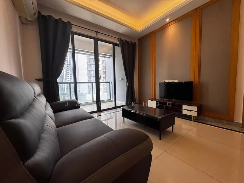 Living features: 3-seater leather sofa in dark grey, coffee table, wall-mounted TV, TV console in white, floor-to-ceiling windows, blackout curtains, recessed downlights, cream painted walls, wood panel accent wall, polished tile flooring; style: modern; view: city.
