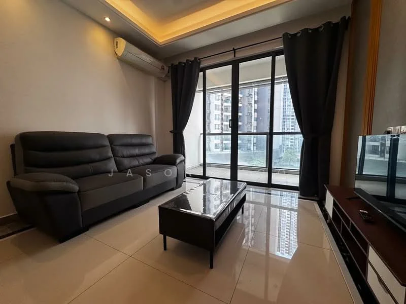 Living features: grey leather 3-seater sofa, glass coffee table, floor-to-ceiling windows, blackout curtains, recessed ceiling lights, wall-mounted TV, white TV console, polished ceramic tile flooring, air conditioning unit; style: modern; view: city.