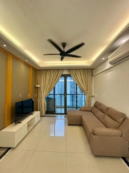 Living features: L-shape sectional sofa in beige, white TV console, wall-mounted TV, 5-blade ceiling fan with integrated LED light, recessed downlights, floor-to-ceiling windows, sheer curtains, marble tile flooring, decorative wall paneling, air conditioning unit; style: modern; view: city.