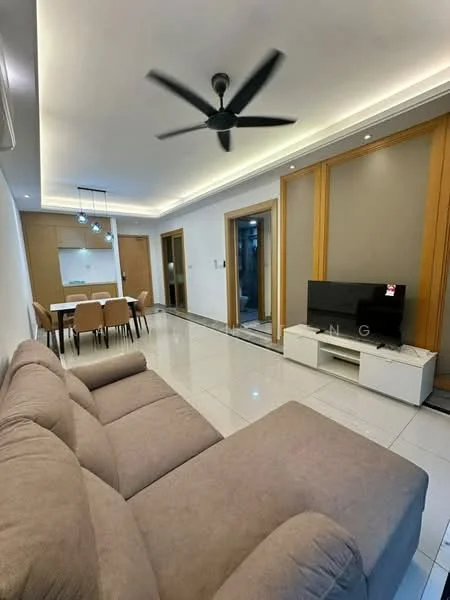 Living features: 3-seater fabric sofa in beige, wall-mounted TV, TV console in white, ceiling fan, recessed LED downlights, white tiled flooring, decorative wall paneling, large windows, dining area visible in background, neutral wall color; style: modern.