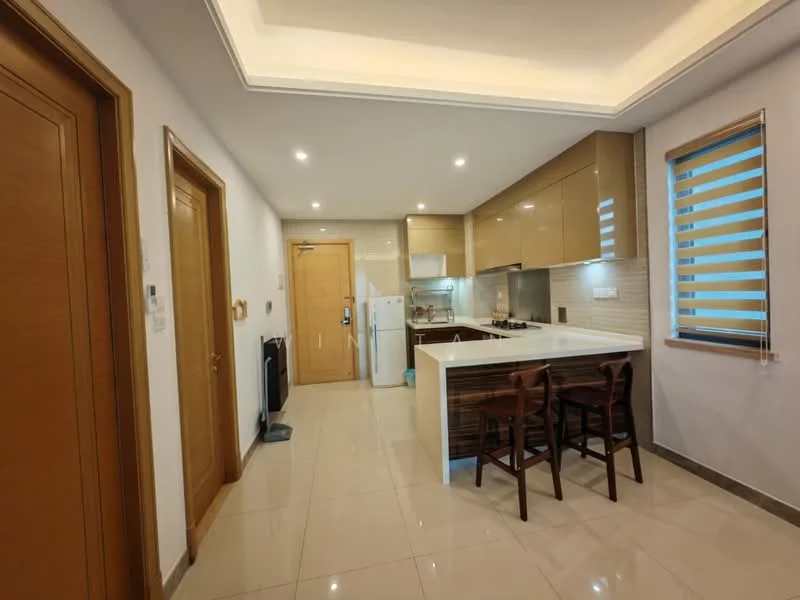 Kitchen features: white cabinets, brown wooden countertop, stainless-steel sink, chrome pull-down faucet, built-in oven, freestanding refrigerator, 4-burner gas hob, exhaust hood, white subway tile backsplash, recessed LED downlights, tile flooring, window with blinds, bar stools, open layout, cream painted walls; style: modern.