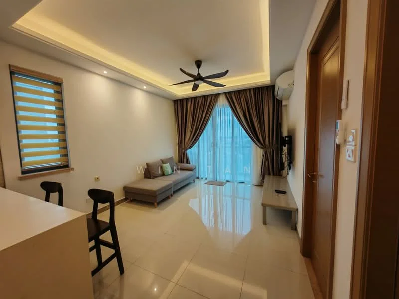 Living features: 3-seater fabric sofa in grey, ceiling fan with light, recessed downlights, floor-to-ceiling windows, sheer curtains, wooden window blinds, cream painted walls, marble tile flooring, TV console, decorative wall art, area rug with geometric pattern; style: modern; view: city.