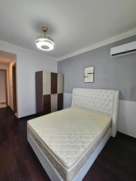 Bedroom features: queen-size bed, upholstered headboard, wooden flooring, grey accent wall, white painted walls, ceiling light fixture, wall-mounted split AC, built-in wardrobe; style: modern.
