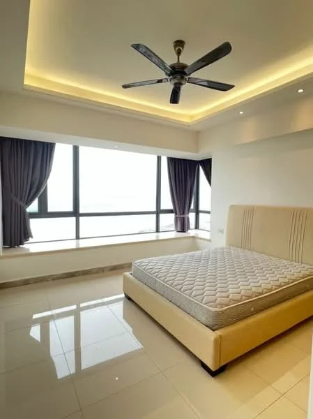Bedroom features: king-size bed, upholstered headboard, 5-blade ceiling fan with light, floor-to-ceiling windows, grey curtains, white painted walls, recessed lighting, glossy tile flooring, window seat, neutral color palette; style: modern; view: city.