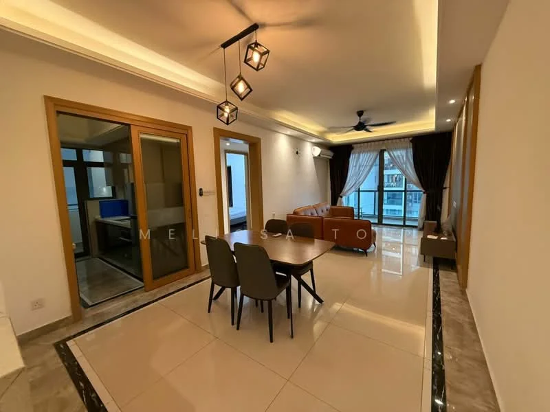 Dining features: dining table for four, grey upholstered dining chairs, white walls, recessed downlights, sliding glass door, floor-to-ceiling windows, curtains, marble flooring, ceiling fan with light, wooden accent wall; style: modern; view: city. Living features: 3-seater fabric sofa in orange, coffee table, TV console, wall-mounted TV, area rug, decorative wall art; style: modern; view: city.