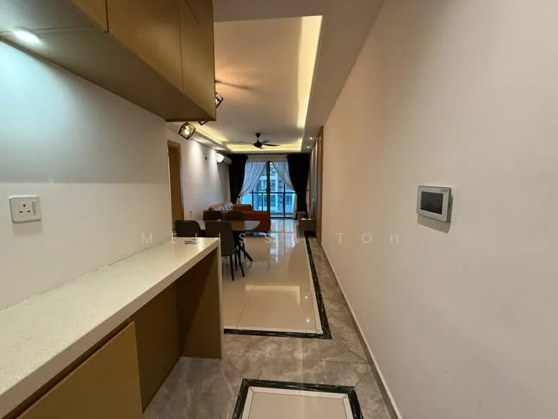 Room features: white painted walls, marble tile flooring, recessed downlights, ceiling fan, open kitchen layout, countertop with overhang, dining area with chairs, large window with curtains; style: modern.