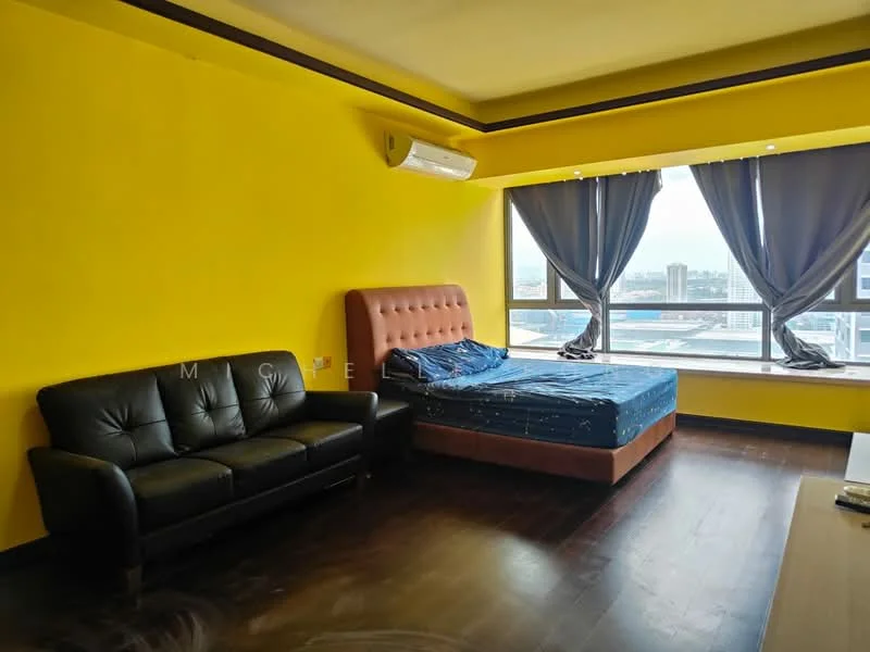 Bedroom features: yellow painted walls, dark wood flooring, king-size bed with blue mattress, upholstered headboard in brown, black leather sofa, floor-to-ceiling windows, grey curtains, wall-mounted split AC; style: modern; view: city.