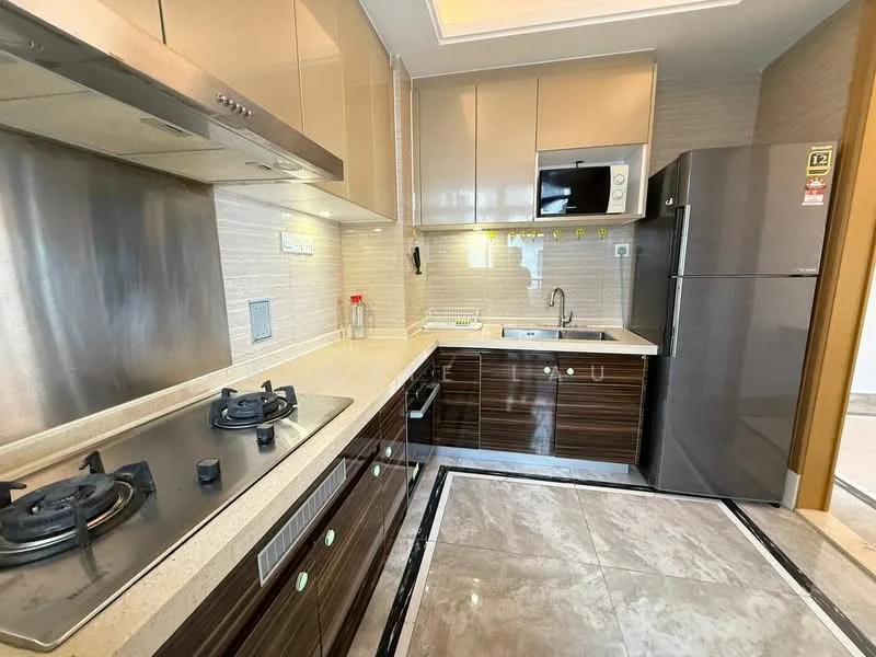 Kitchen features: stainless-steel gas hob with 2 burners, built-in oven, stainless-steel range hood, double-bowl stainless-steel sink, chrome pull-down faucet, microwave, dark wood cabinetry, light-colored countertop, cream tiled backsplash, marble tile flooring, refrigerator, under-cabinet lighting; style: modern.