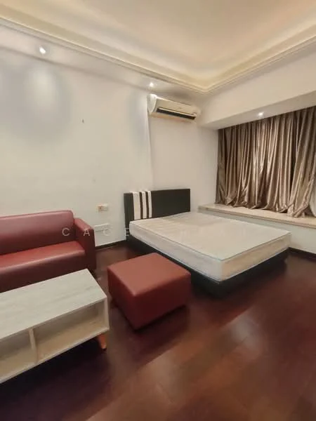 Bedroom features: wooden flooring, white painted walls, recessed ceiling lights, wall-mounted split AC, queen-size bed frame, upholstered headboard, sofa in red leather, coffee table, window with sheer curtains, built-in window seat, decorative throw pillows, small ottoman; style: modern.