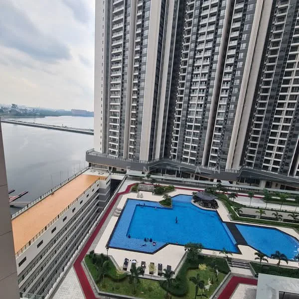 Exterior type: high-rise condominium; features: infinity pool, lap pool, pool deck with loungers, landscaped garden, manicured lawn, surrounded by water view, multiple levels of building, balconies on upper floors, modern architectural design; style: modern.