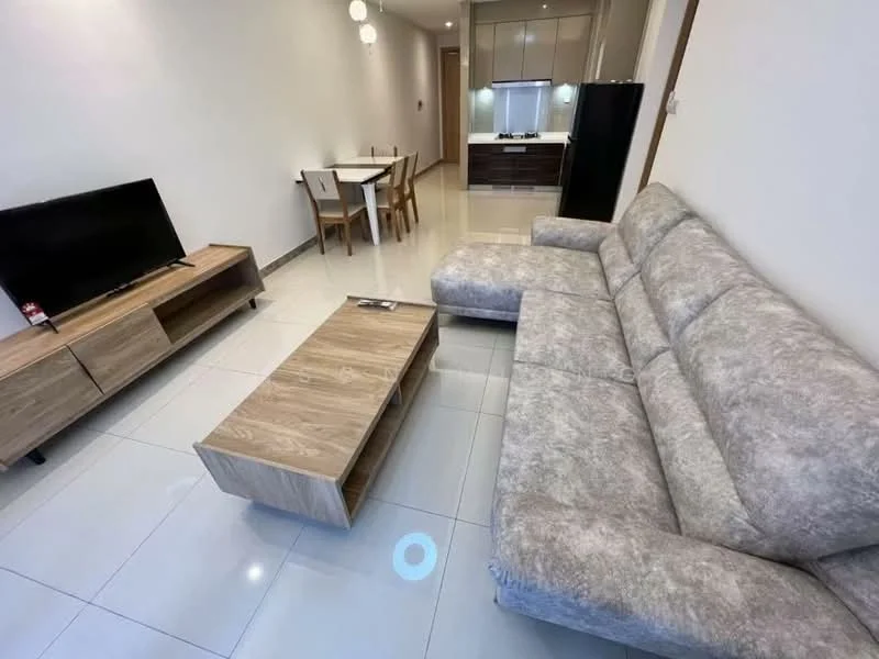 Living features: L-shape sectional sofa in light grey fabric, wooden coffee table, TV console in light wood, wall-mounted TV, recessed downlights, glossy tile flooring, neutral painted walls, dining area visible in background, open layout, large windows for natural light; style: modern.