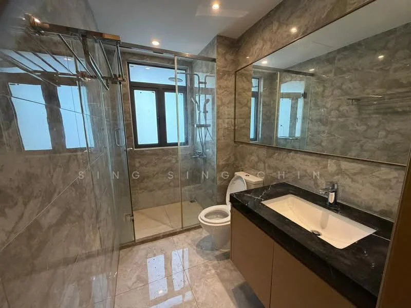 Bathroom features: glass shower enclosure, rain shower head, handheld shower, single-sink vanity with dark granite countertop, chrome basin mixer faucet, framed mirror, two-piece toilet, tile cladding on walls, marble tile flooring, recessed downlights; style: modern.