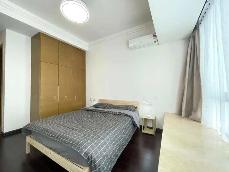 Bedroom features: queen-size bed with grey bedding, wooden bed frame, built-in wardrobe with wooden finish, light-colored bedside table, ceiling light fixture, wall-mounted air conditioning unit, large window with sheer curtains, dark wood flooring, decorative wall with minimal decor; style: modern.