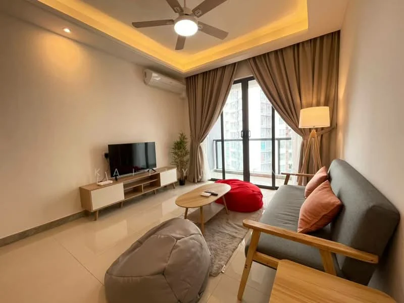 Living features: grey fabric sofa, red accent pillows, wooden armchair, round wooden coffee table, bean bag chairs in grey, area rug, wall-mounted TV, TV console with storage, floor-to-ceiling windows, curtains, ceiling fan with light, recessed lighting, air conditioning unit; style: modern; view: city.