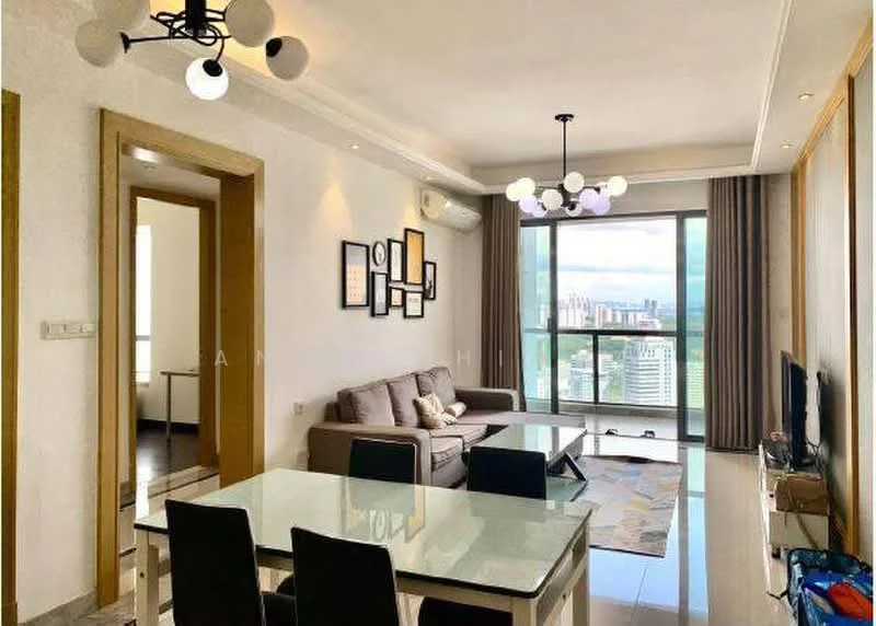 Living features: grey fabric sofa, 3-seater sofa, glass coffee table, dining table with 4 black chairs, wall-mounted TV, floor-to-ceiling windows, city skyline view, recessed downlights, chandelier with multiple bulbs, white painted walls, marble tile flooring, air conditioning unit; style: modern; view: city.