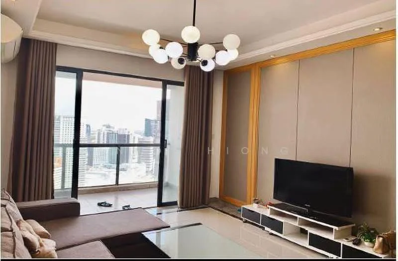Living features: 3-seater fabric sofa in beige, glass coffee table, wall-mounted TV, TV console in white, floor-to-ceiling windows, sliding glass door, curtains in beige, chandelier with multiple bulbs, decorative wall paneling, light-colored tiled flooring; style: modern; view: city.