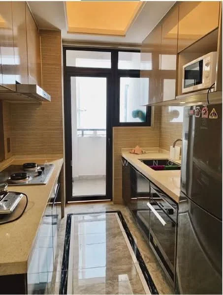 Kitchen features: granite countertop, stainless-steel sink, chrome pull-down faucet, built-in microwave, stainless-steel fridge, freestanding range oven, 4-burner gas hob, wood cabinetry, tile backsplash, sliding glass door, floor-to-ceiling windows, recessed downlights, marble tile flooring; style: modern.