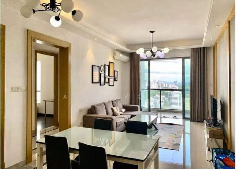 Living features: 3-seater fabric sofa in grey, coffee table, wall-mounted TV, TV console, area rug with geometric pattern, floor-to-ceiling windows, sliding glass door, ceiling light fixture with multiple bulbs, recessed downlights, white painted walls, polished tile flooring, air conditioning unit; style: modern; view: city. Dining features: 6-seater dining table, black dining chairs, white tabletop; style: modern; view: city.