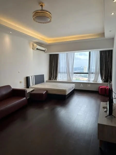Living features: dark wood flooring, white painted walls, recessed ceiling lights, 5-blade ceiling fan with light, floor-to-ceiling windows, sheer curtains, sofa in burgundy, small ottoman in burgundy, TV console, wall-mounted TV, unmade bed frame; style: modern; view: city.