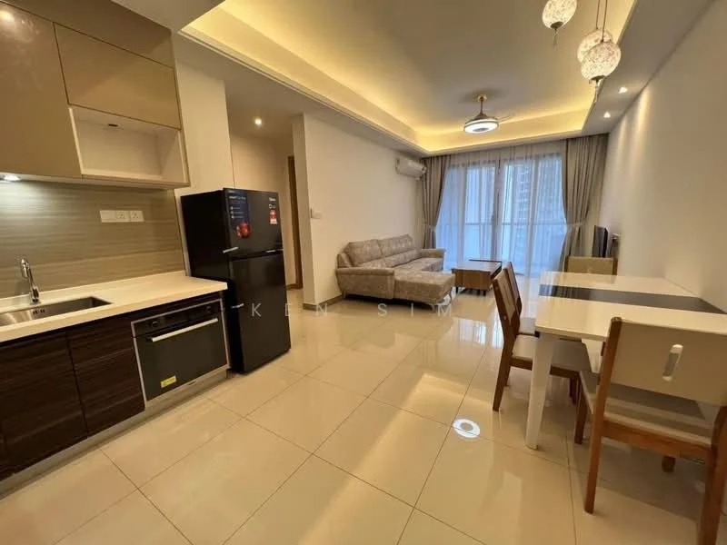 Living features: grey fabric sofa, coffee table, TV console, wall-mounted TV, dining table for 4, white dining chairs, floor-to-ceiling windows, curtains, recessed ceiling lights, tile flooring, air conditioning unit, decorative ceiling light; style: modern; view: city. Kitchen features: single-bowl stainless-steel sink, chrome pull-down faucet, built-in oven, stainless-steel fridge, ceramic tile backsplash, laminate cabinetry, countertop with storage, induction hob; style: modern.