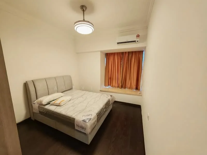 Bedroom features: queen-size bed, upholstered headboard, wooden flooring, window with orange curtains, wall-mounted split AC, ceiling light fixture, neutral painted walls; style: modern.