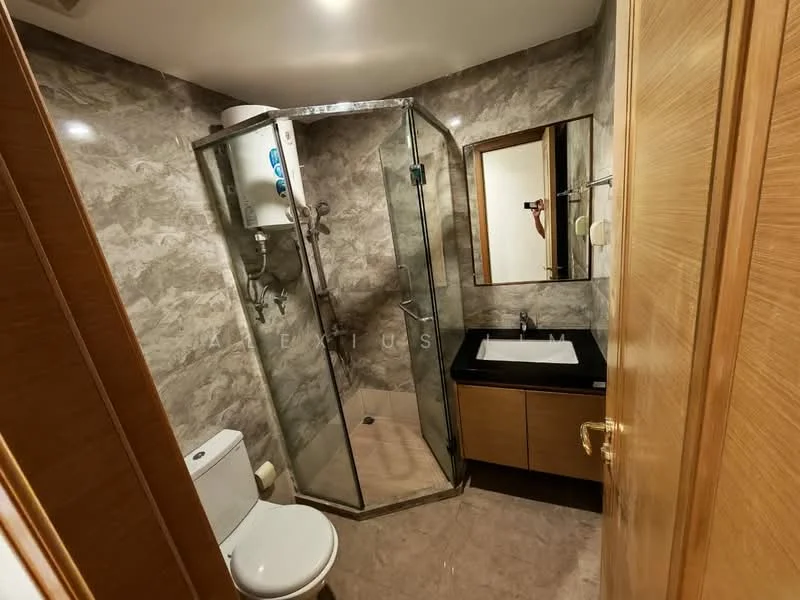 Bathroom features: shower with glass enclosure, chrome showerhead, black countertop, single-bowl sink, wood cabinetry, one-piece toilet, mirror above sink, grey marble wall cladding, tile flooring; style: modern.