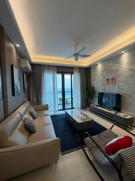 Living features: 3-seater leather sofa in beige, black and white patterned throw pillows, coffee table with marble top, TV console with wall-mounted TV, area rug with geometric pattern, ceiling fan with integrated light, floor-to-ceiling windows, curtains, decorative wall art, potted plant, wall-mounted shelving; style: modern; view: sea.
