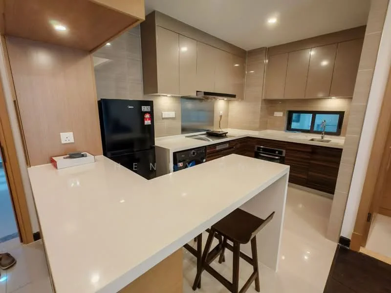Kitchen features: white quartz countertop, dark wood cabinetry, stainless-steel sink, chrome pull-down faucet, built-in oven, stainless-steel fridge, ceramic tile backsplash, recessed downlights, pendant light, open shelving, bar seating with stool; style: modern.