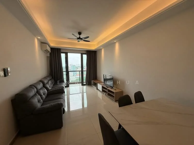 Living features: 3-seater fabric sofa in grey, coffee table, TV console, wall-mounted TV, area rug, ceiling fan, recessed LED downlights, floor-to-ceiling windows, curtains, marble tile flooring, neutral painted walls, open layout to dining area; style: modern; view: city.